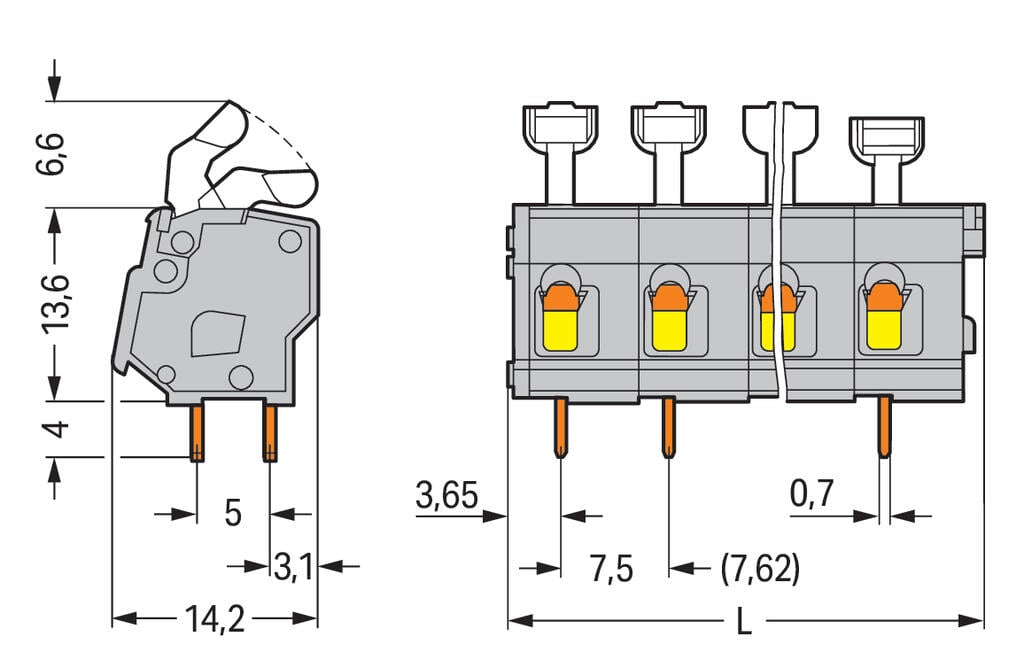 257-562 WAGO Borna para placas de circuito impreso; 12 polos; Gris