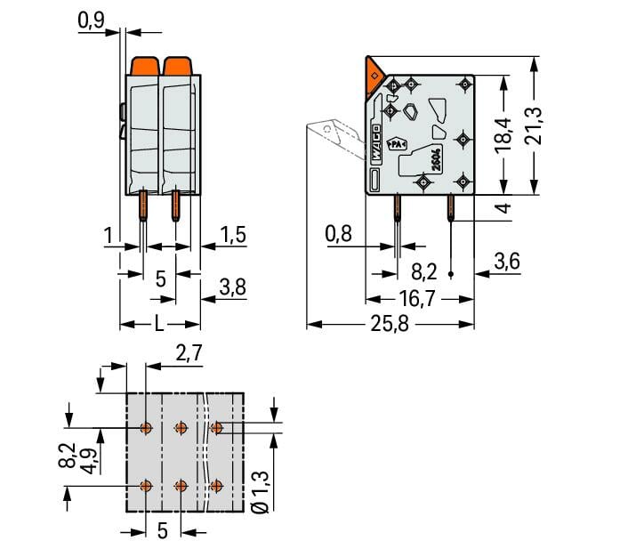 2604-3107 WAGO Borna para placas de circuito impreso; 7 polos; Gris