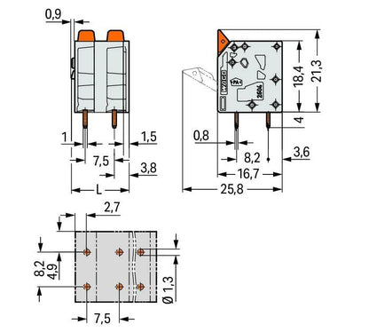 2604-3304 WAGO Borna para placas de circuito impreso; 4 polos; Gris