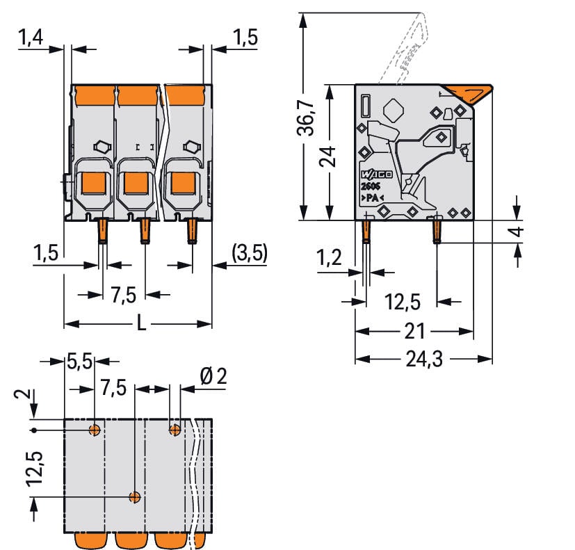 2606-1104/020-000 WAGO Borna para placas de circuito impreso; 4 polos; Gris