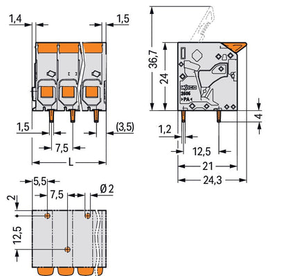 2606-1104/020-000 WAGO Borna para placas de circuito impreso; 4 polos; Gris