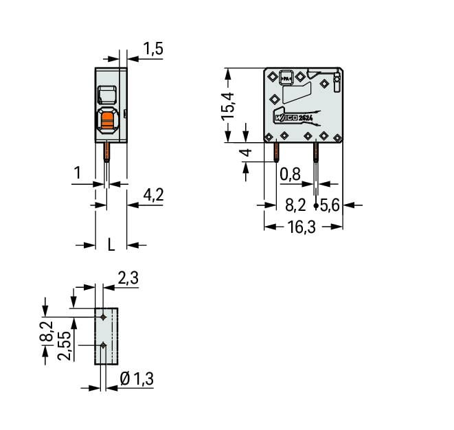 2624-1101 WAGO Borna para placas de circuito impreso; 1 polo; Gris