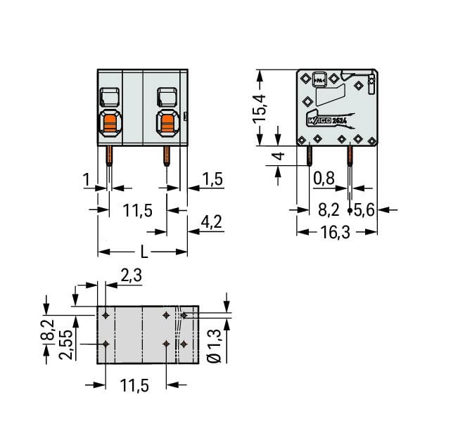 2624-1508 WAGO Borna para placas de circuito impreso; 8 polos; Gris