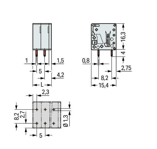 2624-3110 WAGO Borna para placas de circuito impreso; 10 polos; Gris