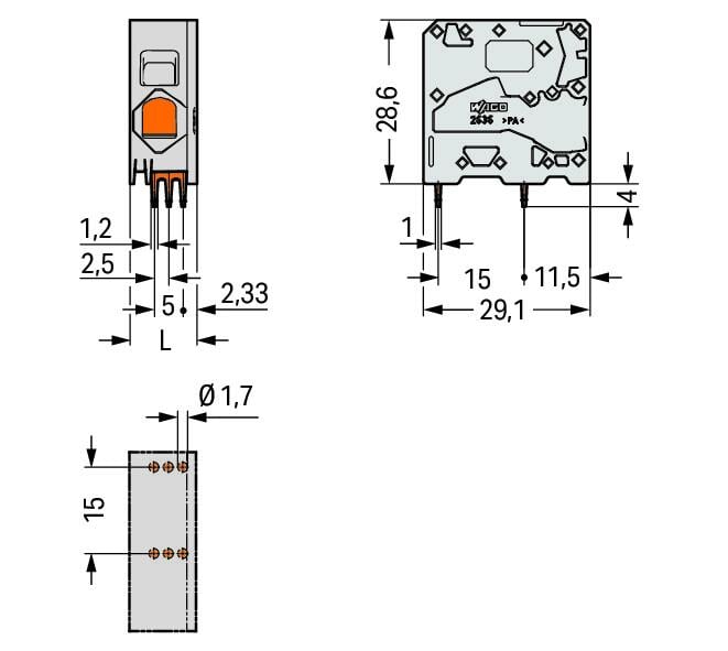 2636-1101 WAGO Borna para placas de circuito impreso; 1 polo; Gris