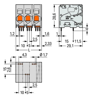 2636-1112/020-000 WAGO Borna para placas de circuito impreso; 12 polos; Gris