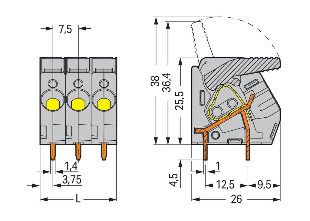 2706-102/000-009 WAGO Borna para placas de circuito impreso; 2 polos; Gris claro