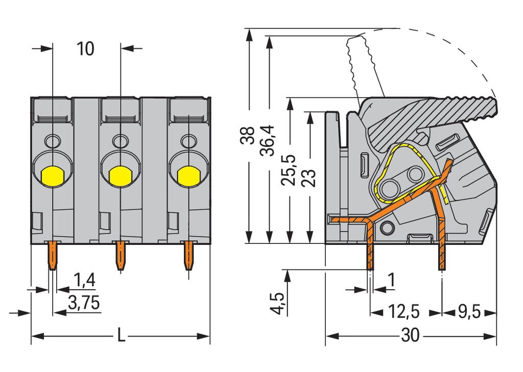 2706-254 WAGO Borna para placas de circuito impreso; 4 polos; Gris