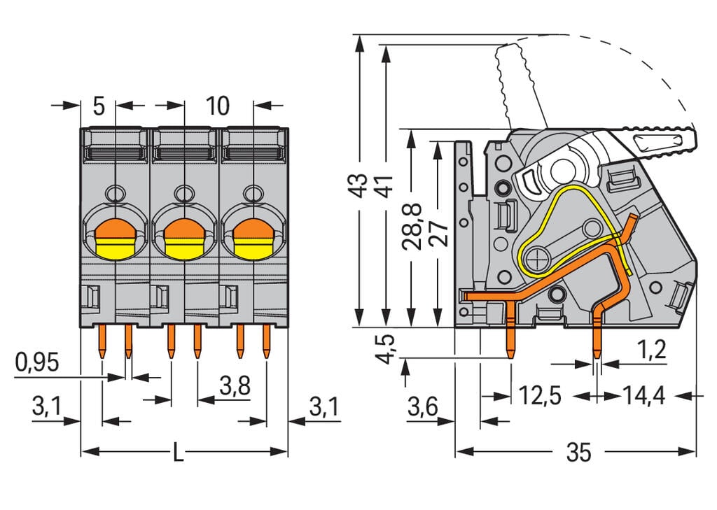 2716-153 WAGO Borna para placas de circuito impreso; 3 polos; Gris