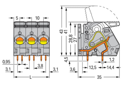 2716-153 WAGO Borna para placas de circuito impreso; 3 polos; Gris