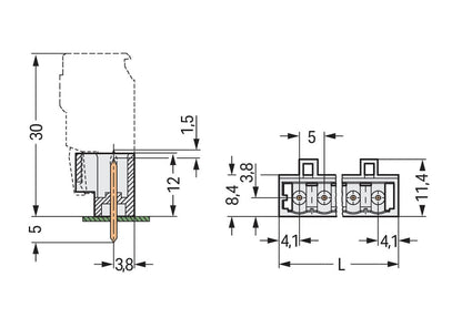 721-180/001-000 WAGO Conector macho THT; Pin soldable de 1,2 x 1,2 mm; recta; Paso 5 mm; 20 polos; Gris claro