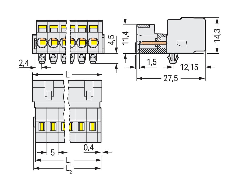 721-613/018-000 WAGO Conector macho, 1 conductor; 13 polos; Montaje en carril DIN-35/panel; Tetones de anclaje; Gris claro