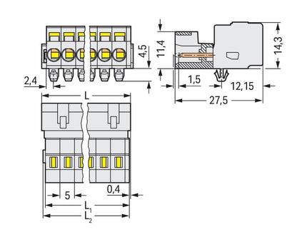 721-613/018-000 WAGO Conector macho, 1 conductor; 13 polos; Montaje en carril DIN-35/panel; Tetones de anclaje; Gris claro