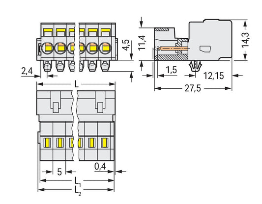 721-613/018-000 WAGO Conector macho, 1 conductor; 13 polos; Montaje en carril DIN-35/panel; Tetones de anclaje; Gris claro