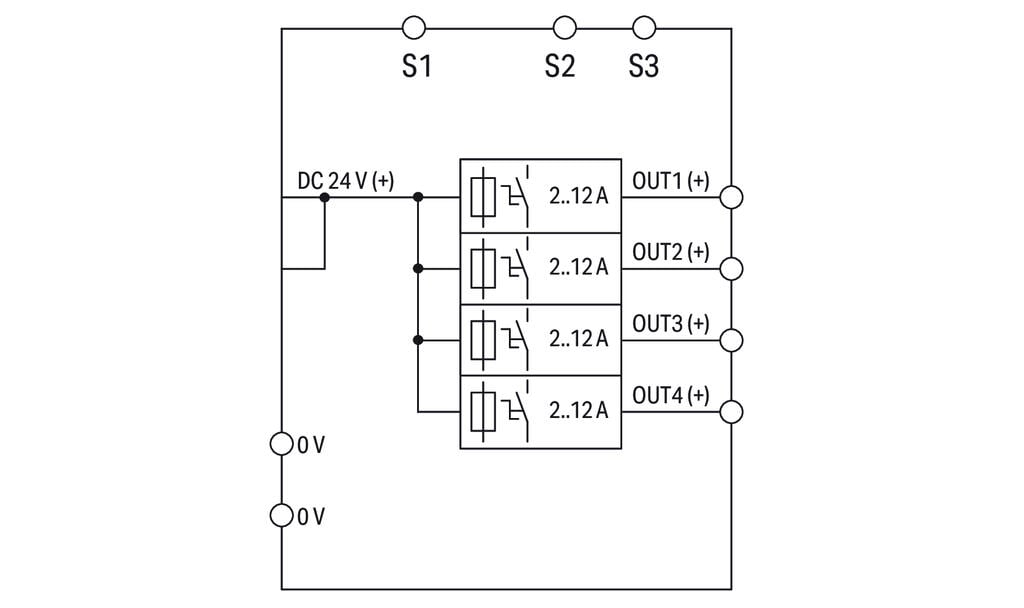 787-1664/212-1000 WAGO Interruptor electrónico; 4 canales; Tensión de entrada 24V DC; ajustable 2 … 12A; Limitación activa de la corriente