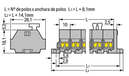 261-104/331-000 WAGO Regleta de bornas para 2 conductores; 4 polos; Gris