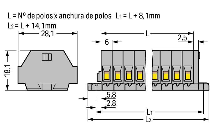261-109 WAGO Regleta de bornas para 2 conductores; 9 polos; Gris