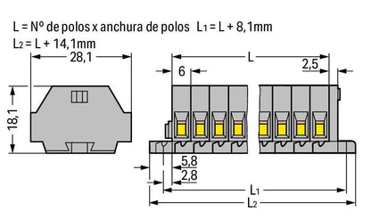 261-109 WAGO Regleta de bornas para 2 conductores; 9 polos; Gris