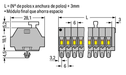 261-154/331-000 WAGO Regleta de bornas para 2 conductores; 4 polos; Gris