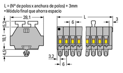 261-158/341-000 WAGO Regleta de bornas para 2 conductores; 8 polos; Gris