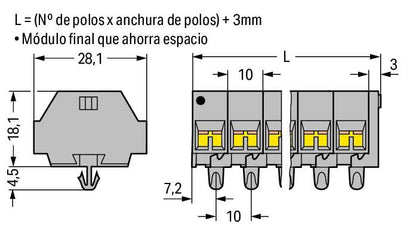 261-255 WAGO Regleta de bornas para 4 conductores; 5 polos; Gris