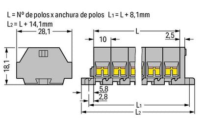261-209 WAGO Regleta de bornas para 4 conductores; 9 polos; Gris