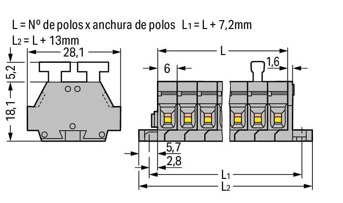 261-427/341-000 WAGO Regleta de bornas para 2 conductores; 7 polos; Gris