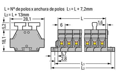 261-427/341-000 WAGO Regleta de bornas para 2 conductores; 7 polos; Gris