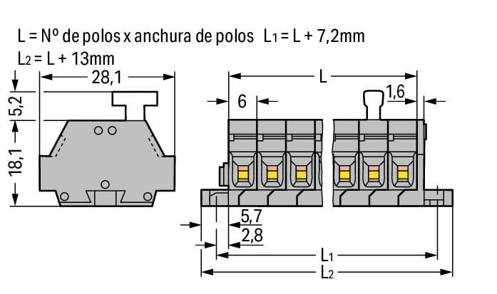 261-428/331-000 WAGO Regleta de bornas para 2 conductores; 8 polos; Gris