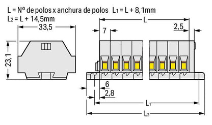 262-133 WAGO Regleta de bornas para 2 conductores; 3 polos; Gris claro