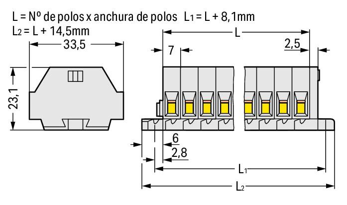 262-136 WAGO Regleta de bornas para 2 conductores; 6 polos; Gris claro