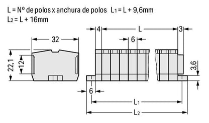 264-135 WAGO Regleta de bornas para 2 conductores; 5 polos; Gris claro