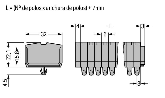 264-156 WAGO Regleta de bornas para 2 conductores; 6 polos; Gris