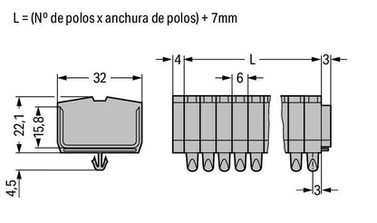 264-156 WAGO Regleta de bornas para 2 conductores; 6 polos; Gris